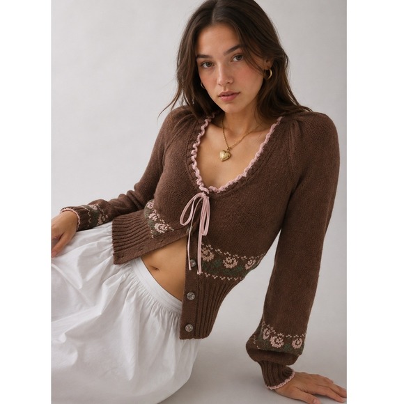 Kimchi Blue Sweaters - Kimchi Blue Floral Bow Cardigan S Brown Cotton Bld Coquette Balletcore Sweater